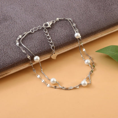 Silver Pearl Layered Bracelet | Double Chain Sterling Silver Bracelet | Elegant Jewelry for Women - Zirak Silver