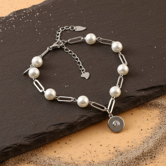 Silver Pearl Link Bracelet | Modern Chain Bracelet with Charm | 925 Silver Jewelry for Women - Zirak Silver