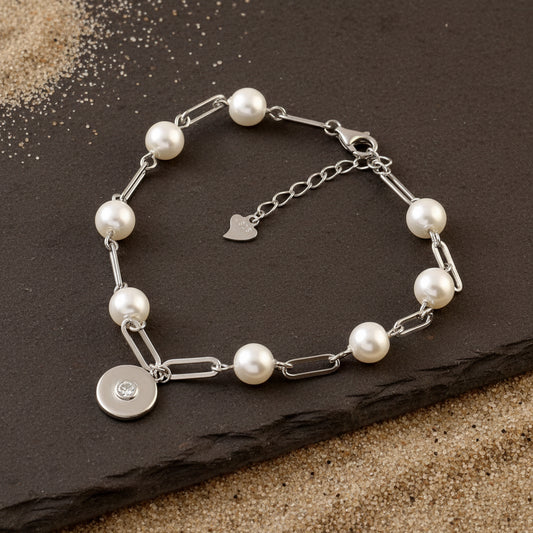 Silver Pearl Link Bracelet | Modern Chain Bracelet with Charm | 925 Silver Jewelry for Women - Zirak Silver