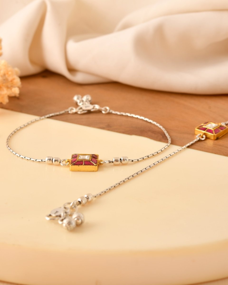 Silver Pink Meenakari Square Charm Anklet - Zirak Silver