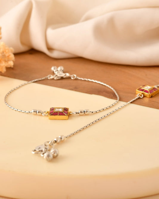 Silver Pink Meenakari Square Charm Anklet - Zirak Silver