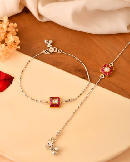 Silver Pink Meenakari Square Charm Anklet - Zirak Silver