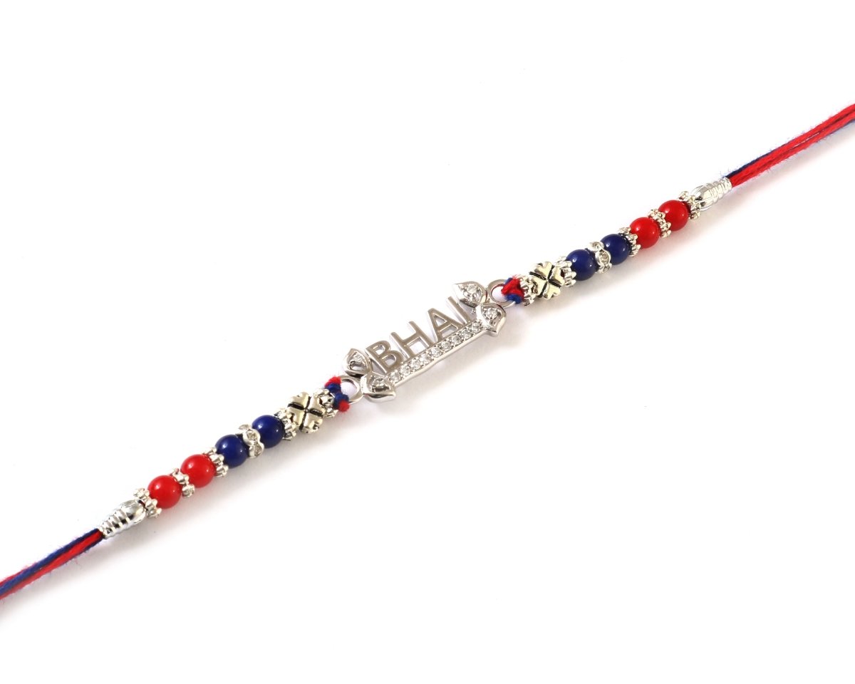Silver Plated “BHAI” Rakhi | Red & Blue Beaded Thread Rakhi for Brother | Raksha Bandhan Gift - Zirak Silver
