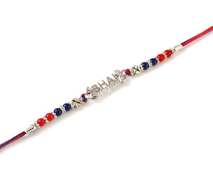 Silver Plated “BHAI” Rakhi | Red & Blue Beaded Thread Rakhi for Brother | Raksha Bandhan Gift - Zirak Silver