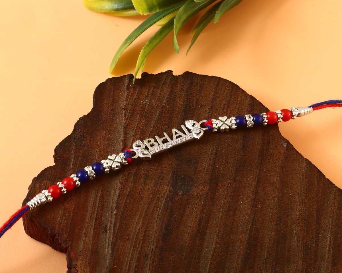 Silver Plated “BHAI” Rakhi | Red & Blue Beaded Thread Rakhi for Brother | Raksha Bandhan Gift - Zirak Silver