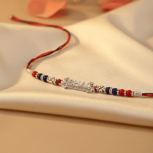 Silver Plated “BHAI” Rakhi | Red & Blue Beaded Thread Rakhi for Brother | Raksha Bandhan Gift - Zirak Silver