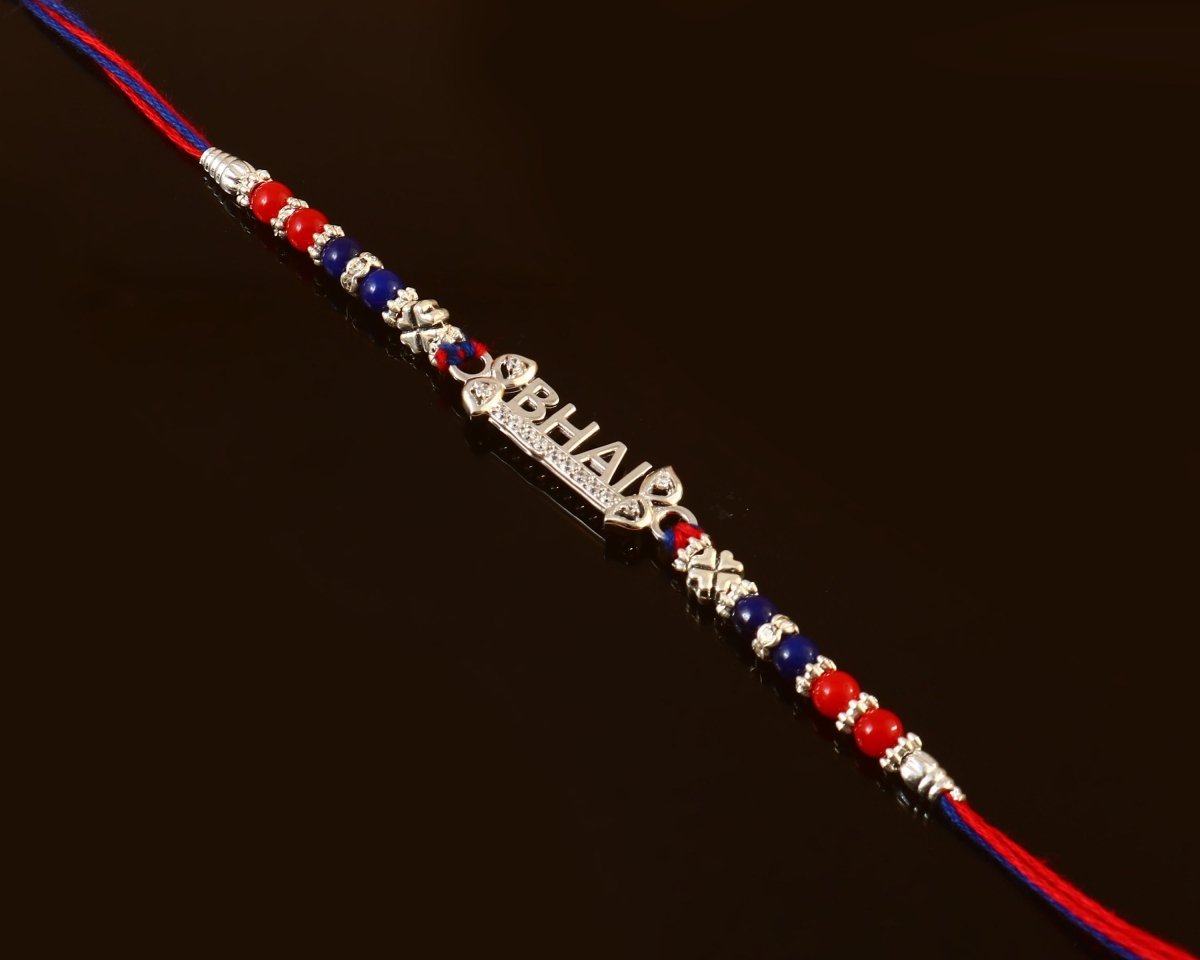 Silver Plated “BHAI” Rakhi | Red & Blue Beaded Thread Rakhi for Brother | Raksha Bandhan Gift - Zirak Silver