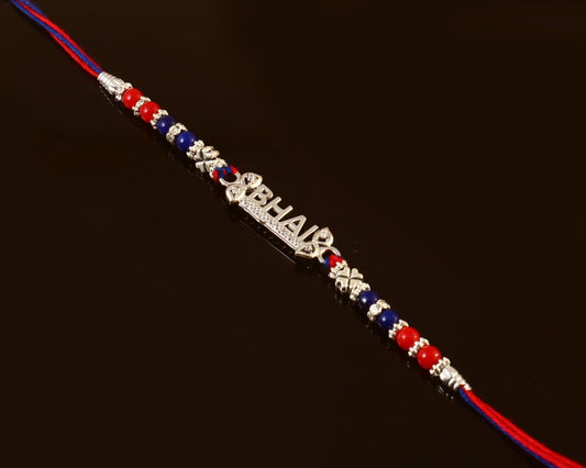 Silver Plated “BHAI” Rakhi | Red & Blue Beaded Thread Rakhi for Brother | Raksha Bandhan Gift - Zirak Silver