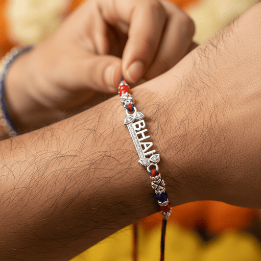 Silver Plated “BHAI” Rakhi | Red & Blue Beaded Thread Rakhi for Brother | Raksha Bandhan Gift - Zirak Silver