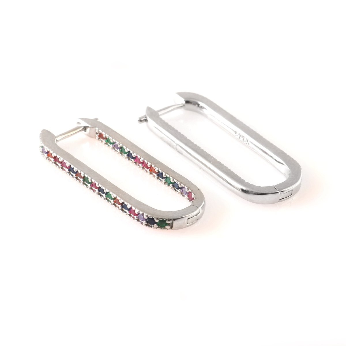 Silver Rainbow Gemstone Hoop Earrings – Rectangular Multicolor CZ Huggie Hoops for Women - Zirak Silver