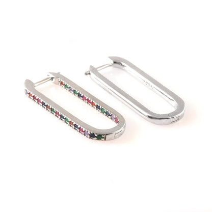 Silver Rainbow Gemstone Hoop Earrings – Rectangular Multicolor CZ Huggie Hoops for Women - Zirak Silver