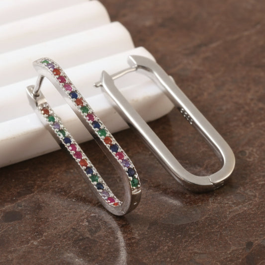 Silver Rainbow Gemstone Hoop Earrings – Rectangular Multicolor CZ Huggie Hoops for Women - Zirak Silver