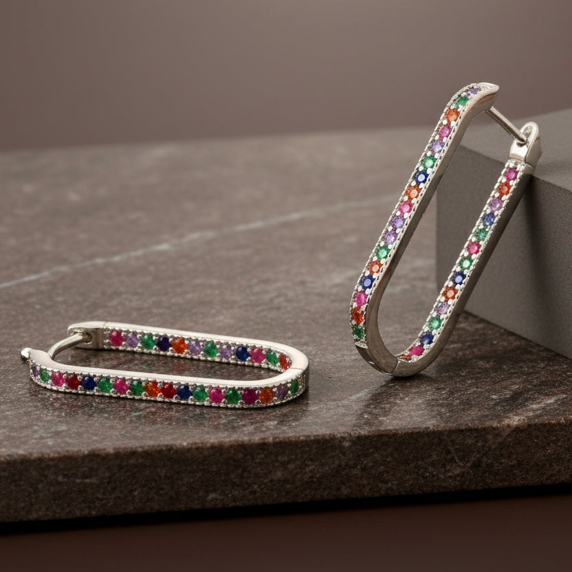 Silver Rainbow Gemstone Hoop Earrings – Rectangular Multicolor CZ Huggie Hoops for Women - Zirak Silver