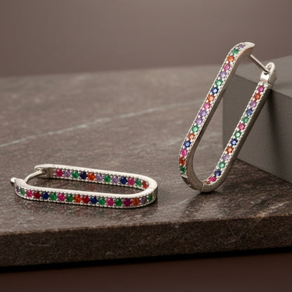 Silver Rainbow Gemstone Hoop Earrings – Rectangular Multicolor CZ Huggie Hoops for Women - Zirak Silver