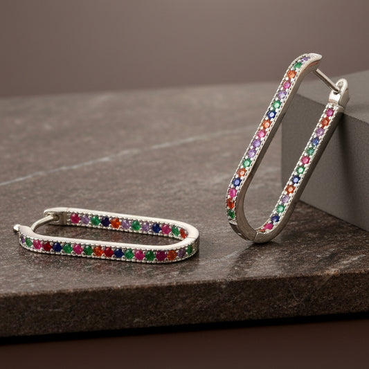 Silver Rainbow Gemstone Hoop Earrings – Rectangular Multicolor CZ Huggie Hoops for Women - Zirak Silver