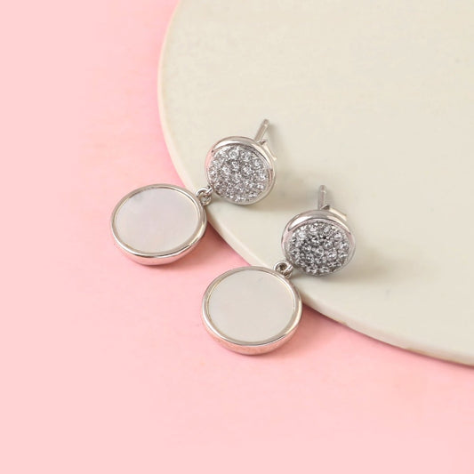 Silver Round Drop Earrings – Mother of Pearl Inlay & CZ Studs | 925 Sterling Silver Dangle Earrings - Zirak Silver