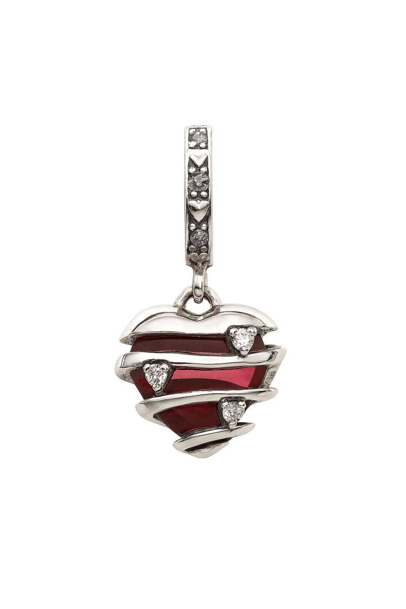 Silver Wrapped Heart Charm Pendant with Red Crystal and CZ Accents - Zirak Silver