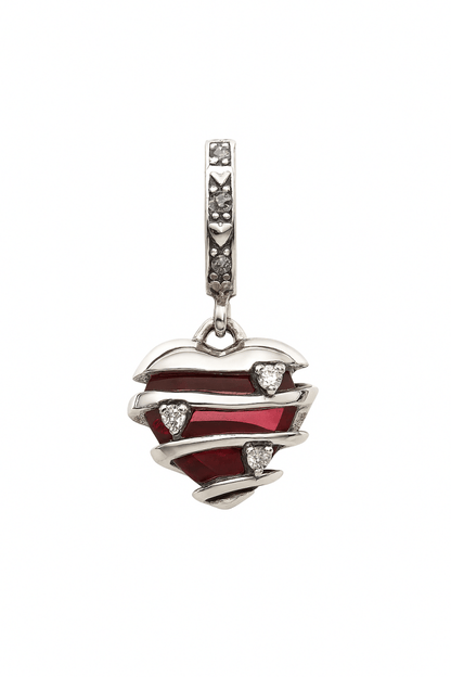 Silver Wrapped Heart Charm Pendant with Red Crystal and CZ Accents - Zirak Silver