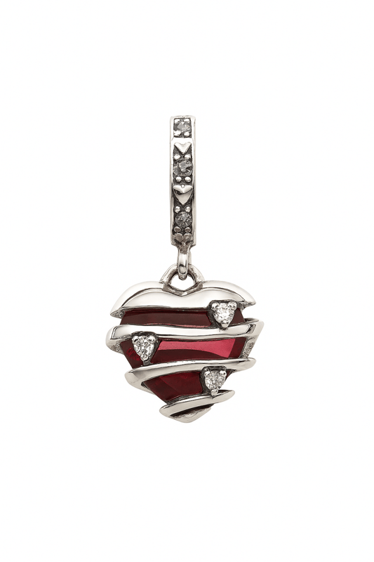 Silver Wrapped Heart Charm Pendant with Red Crystal and CZ Accents - Zirak Silver