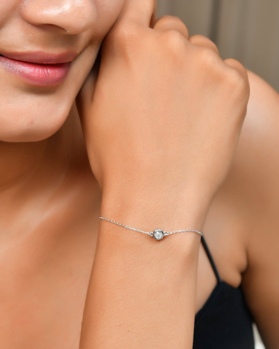 Solo Sparkle Sterling Silver Bezel - Set CZ Bracelet – Minimalist Single - Stone Dainty Chain - Zirak Silver