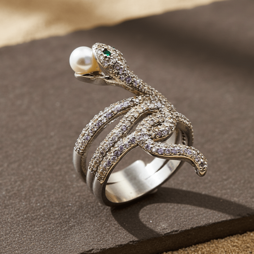 Sparkling Serpent Wrap Ring with CZ & Pearl Accent - Zirak Silver