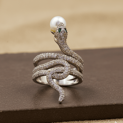 Sparkling Serpent Wrap Ring with CZ & Pearl Accent - Zirak Silver