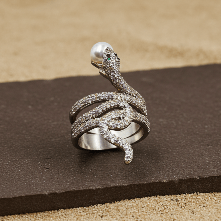 Sparkling Serpent Wrap Ring with CZ & Pearl Accent - Zirak Silver