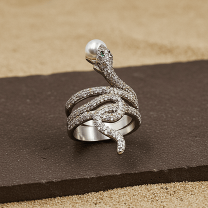 Sparkling Serpent Wrap Ring with CZ & Pearl Accent - Zirak Silver
