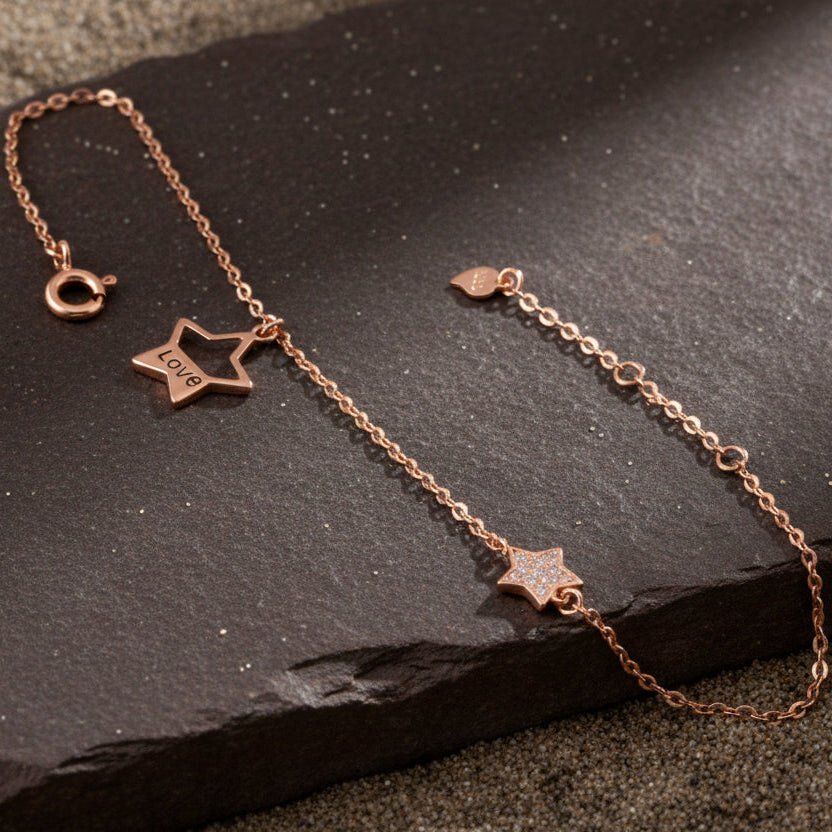 Star Charm CZ 925 Silver Rose Gold Adjustable Bracelet - Zirak Silver