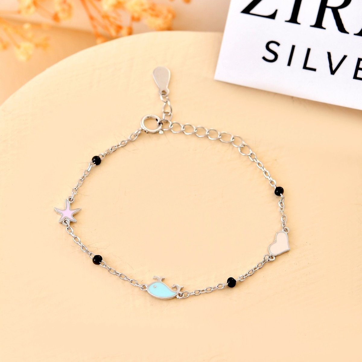 Star - Fish - Heart Sterling - Silver Nazariya Bracelet | Pastel Charms & Black Beads - Zirak Silver
