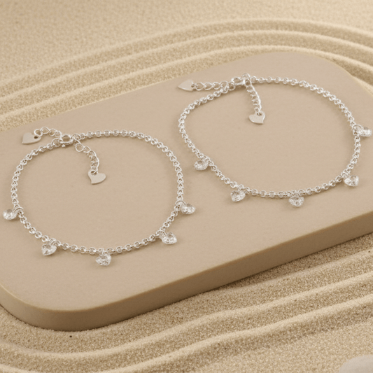 Sterling Silver Anklet with Crystal Heart Charms – Dainty Adjustable Foot Jewelry - Zirak Silver