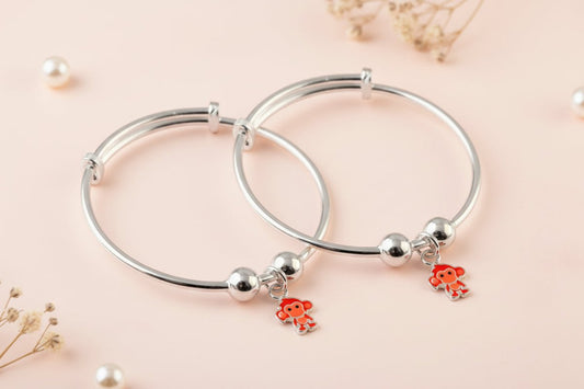 Sterling Silver Baby Bracelet Pair with Cute Monkey Charm - Zirak Silver