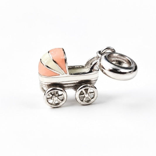 Sterling Silver Baby Stroller Enamel Charm – Light Blue & White Pram Pendant for Bracelets & Necklaces - Zirak Silver