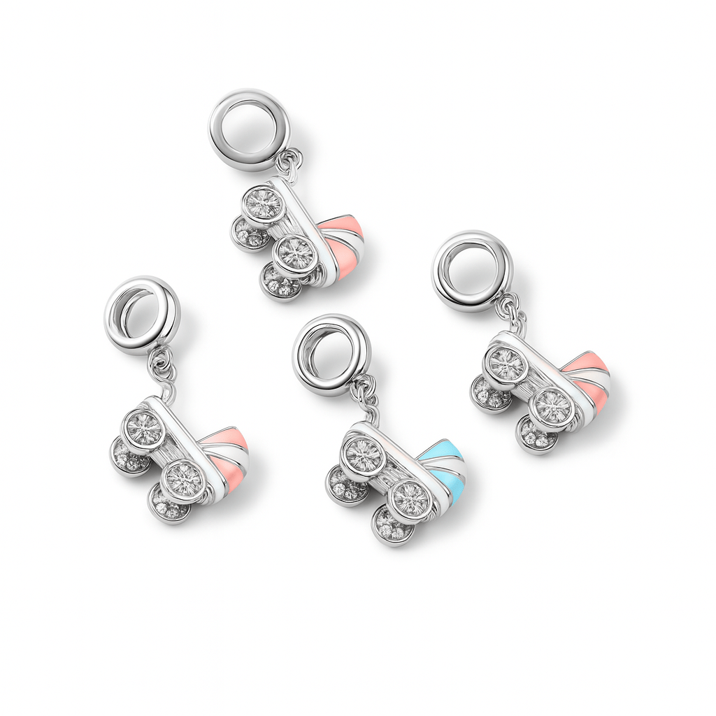 Sterling Silver Baby Stroller Enamel Charm – Light Blue & White Pram Pendant for Bracelets & Necklaces - Zirak Silver