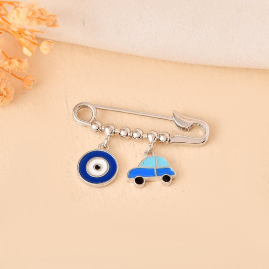 Sterling Silver Beaded Evil - Eye & Blue Car Safety - Pin Brooch – Nazar Protection Pin for Baby Boys - Zirak Silver