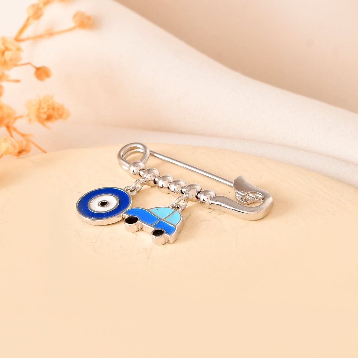 Sterling Silver Beaded Evil - Eye & Blue Car Safety - Pin Brooch – Nazar Protection Pin for Baby Boys - Zirak Silver