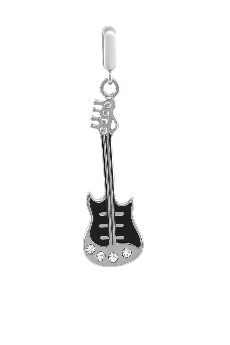 Sterling Silver Black Enamel Guitar Charm for Bracelets - Zirak Silver