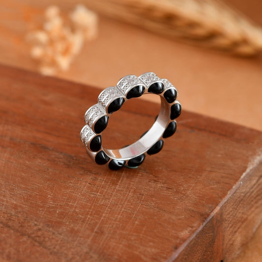 Sterling Silver Black Enamel & Pave CZ Eternity Band – Edgy Stackable Ring - Zirak Silver