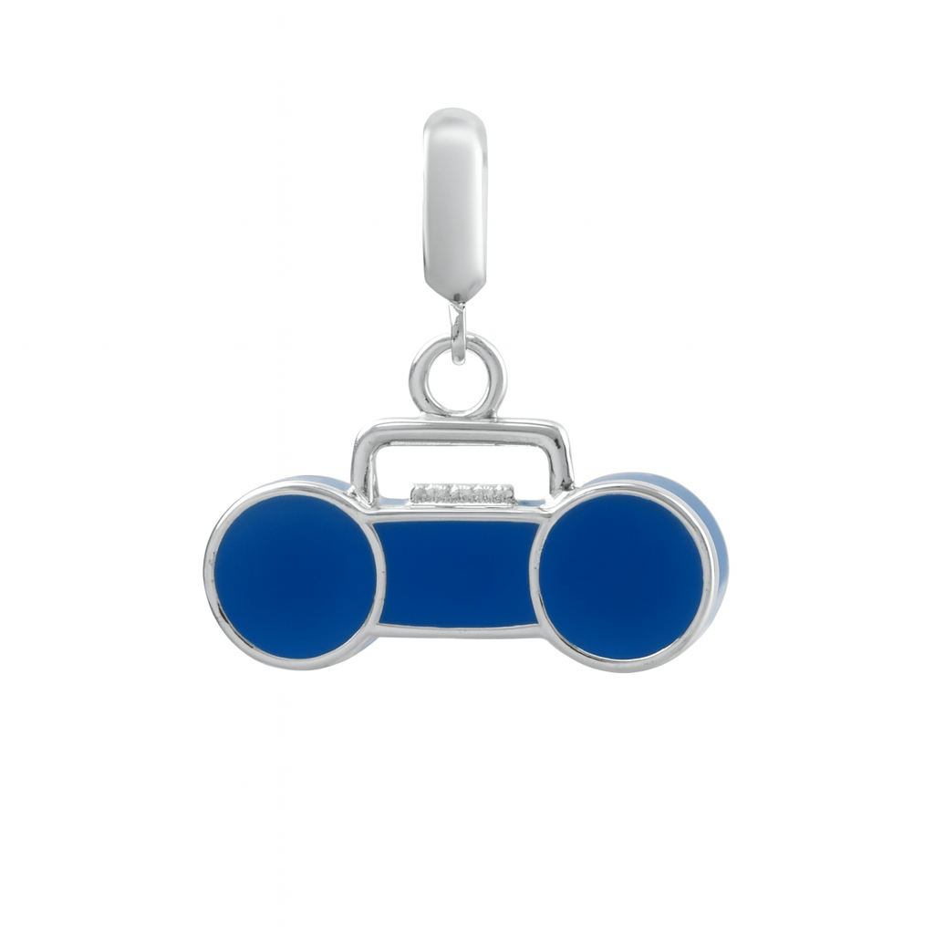 Sterling Silver Boombox Charm with Blue Enamel – 80s Retro Radio Pendant for Bracelets & Necklaces - Zirak Silver
