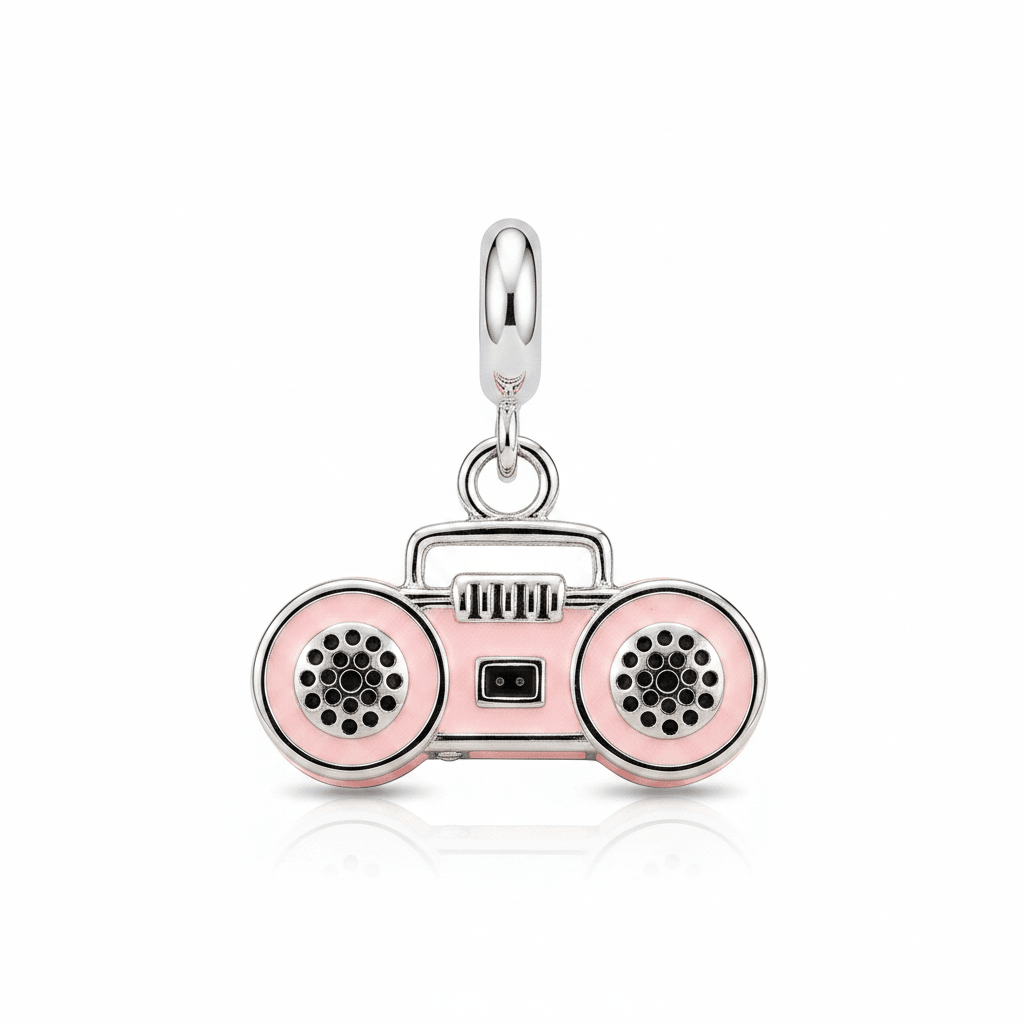 Sterling Silver Boombox Charm with Blue Enamel – 80s Retro Radio Pendant for Bracelets & Necklaces - Zirak Silver