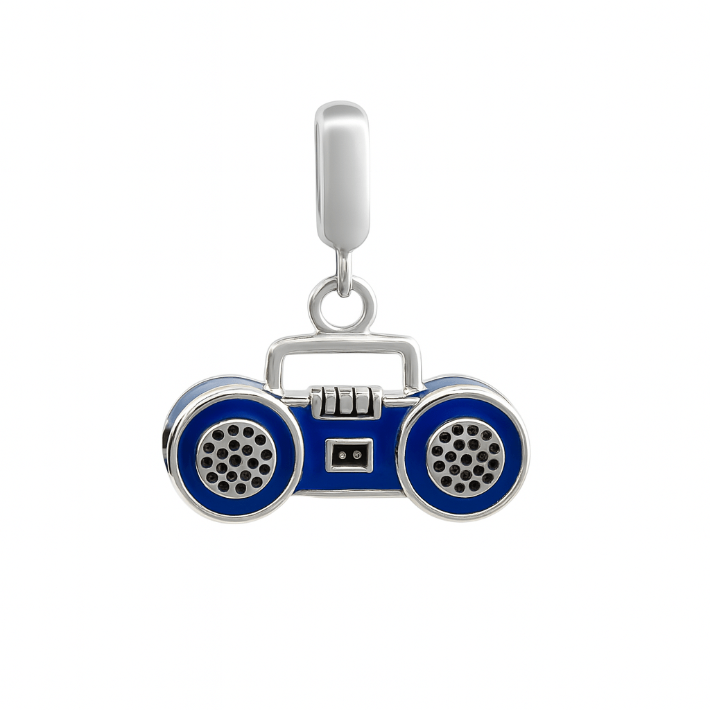 Sterling Silver Boombox Charm with Blue Enamel – 80s Retro Radio Pendant for Bracelets & Necklaces - Zirak Silver
