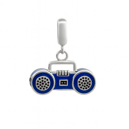 Sterling Silver Boombox Charm with Blue Enamel – 80s Retro Radio Pendant for Bracelets & Necklaces - Zirak Silver