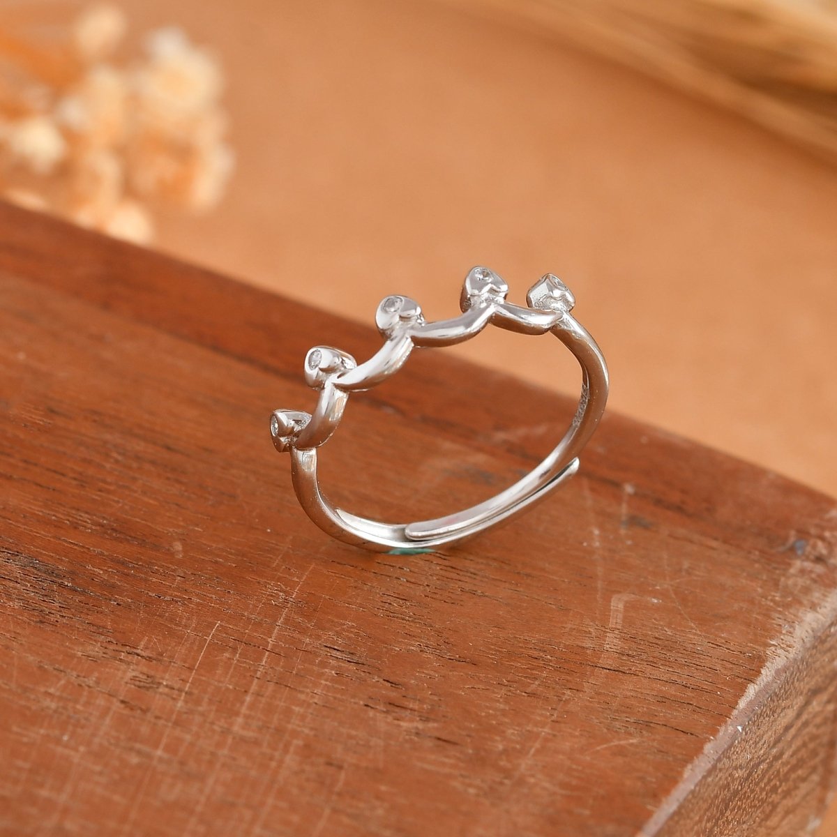 Sterling Silver Bud Crown Ring with Bezel - Set Cubic Zirconia – Minimalist Wave Stackable Band - Zirak Silver