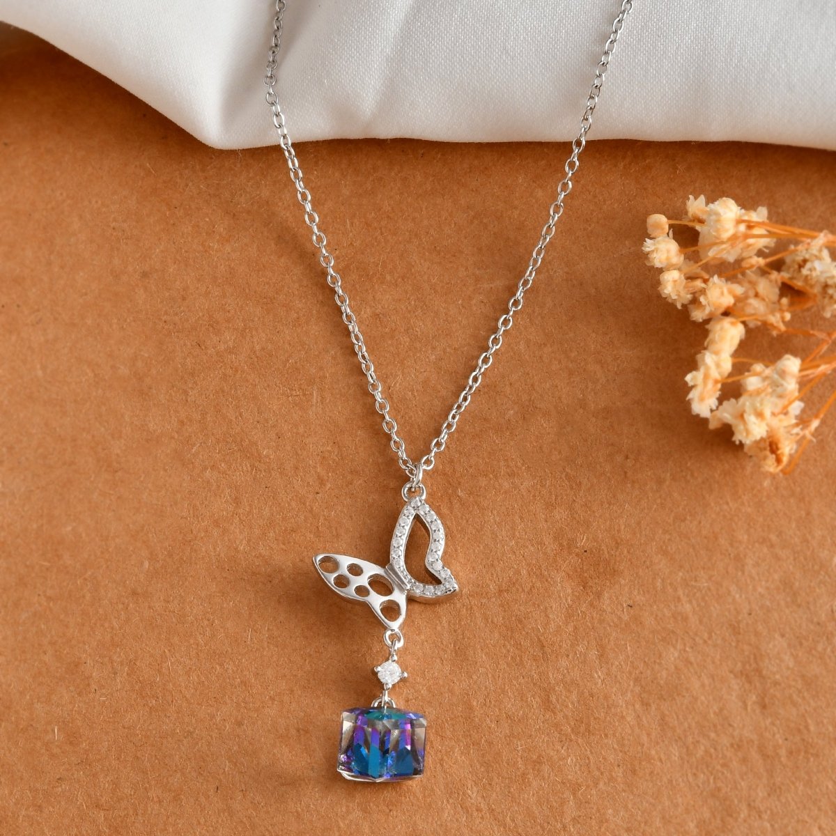 Sterling Silver Butterfly Y - Drop Necklace with Aurora Borealis Cube Crystal & CZ Accents - Zirak Silver