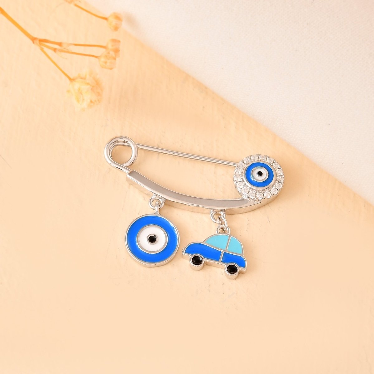 Sterling Silver Car & Double Evil - Eye Safety - Pin Brooch – Cubic Zirconia Nazar Protection Pin for Babies - Zirak Silver