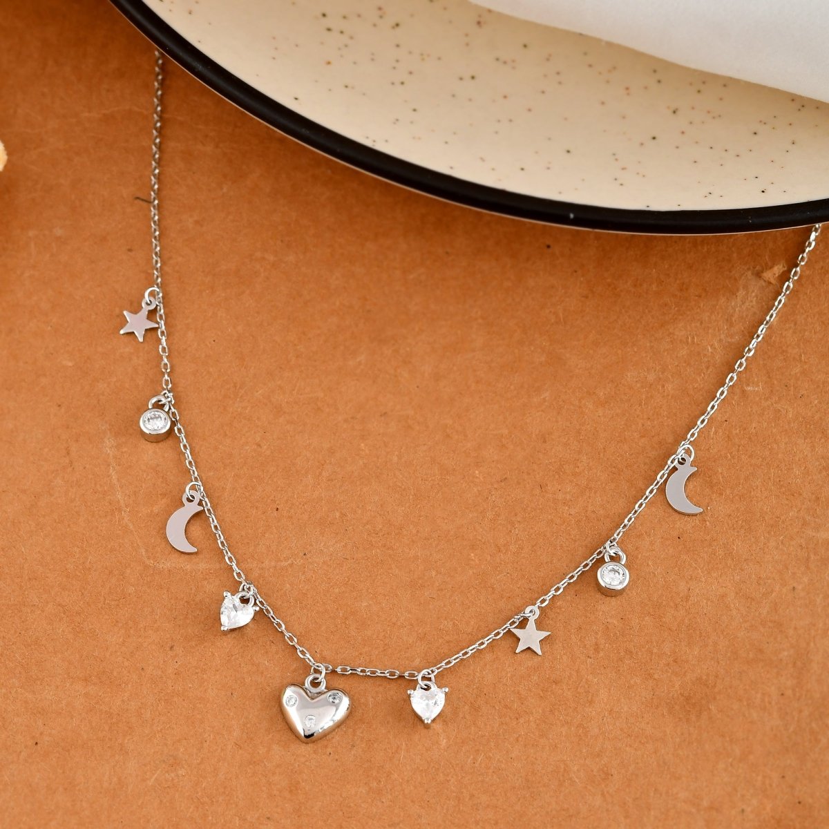 Sterling Silver Celestial Charm Necklace – Heart, Star & Moon Dangle Choker - Zirak Silver