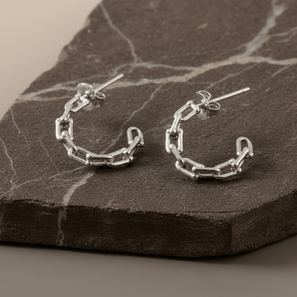 Sterling Silver Chain - Link Hoop Earrings – Minimal Geometric Stud Hoops for Women - Zirak Silver