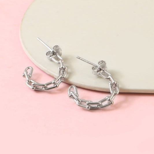 Sterling Silver Chain - Link Hoop Earrings – Minimal Geometric Stud Hoops for Women - Zirak Silver