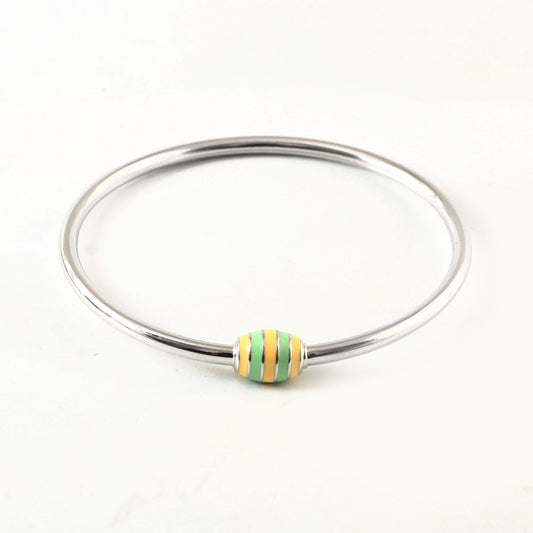 Sterling Silver Charm Bracelet Bangle with Yellow & Green Striped Enamel Charm Mechanism - Zirak Silver