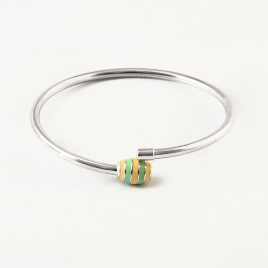 Sterling Silver Charm Bracelet Bangle with Yellow & Green Striped Enamel Charm Mechanism - Zirak Silver
